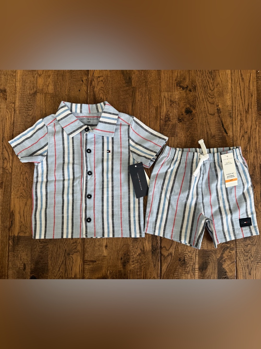 NWT Tommy Hilfiger 2 Piece Striped Gauze Cabana Shirt Shorts Set Size 12m